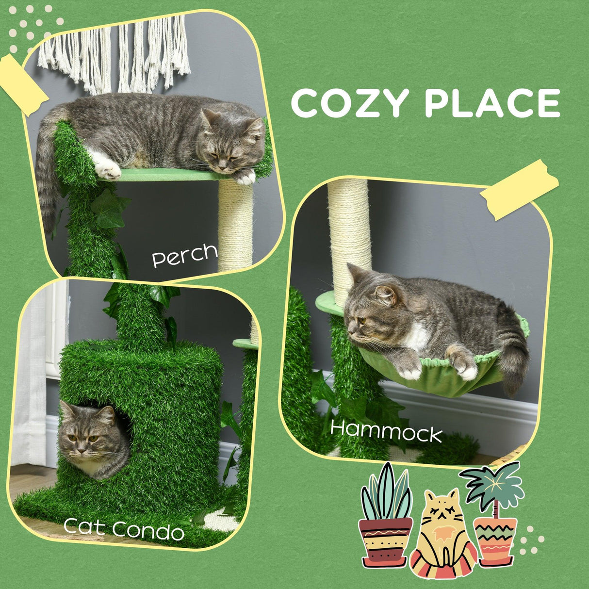 Indoor Cat Climbing Tree with Green Leaves, 77cm - Green & White - Cat Trees - Purr Wish