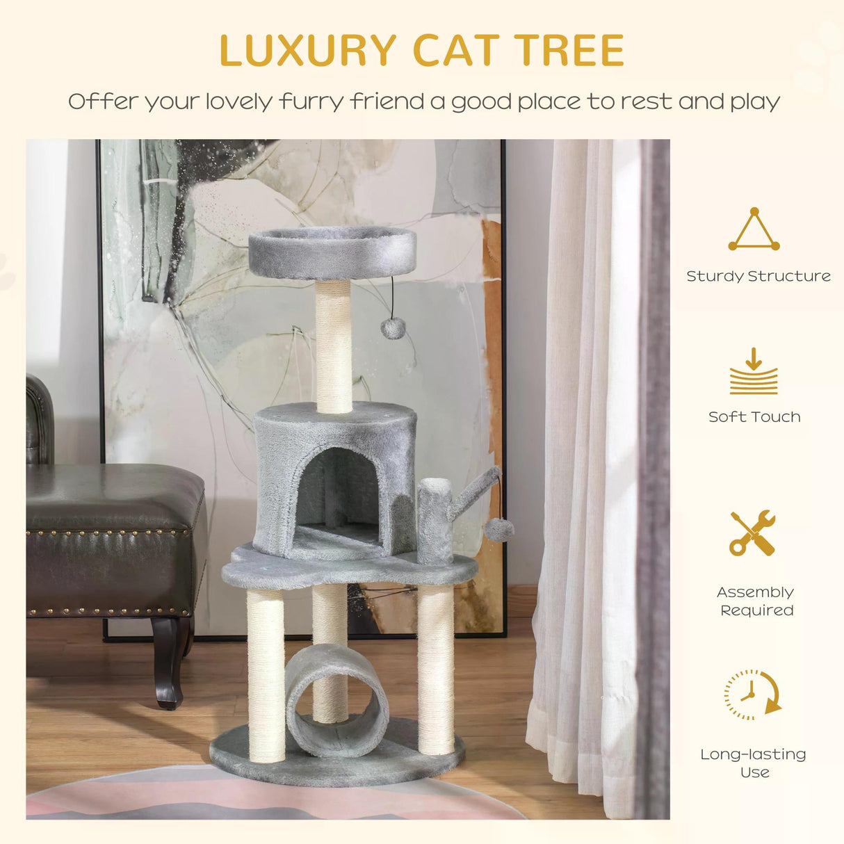 Cat Climbing Tower with Scratching Post, 95cm - Grey - Cat Trees - Purr Wish