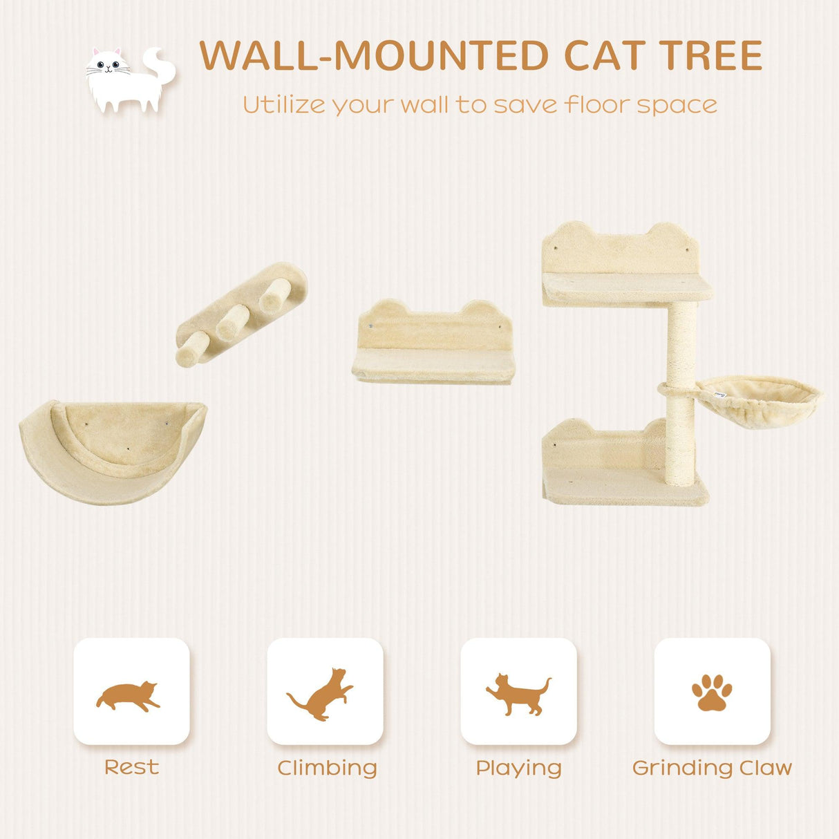 4-Piece Wall-mounted Cat Climbing Shelves Set, Beige - Cat Walls - Purr Wish