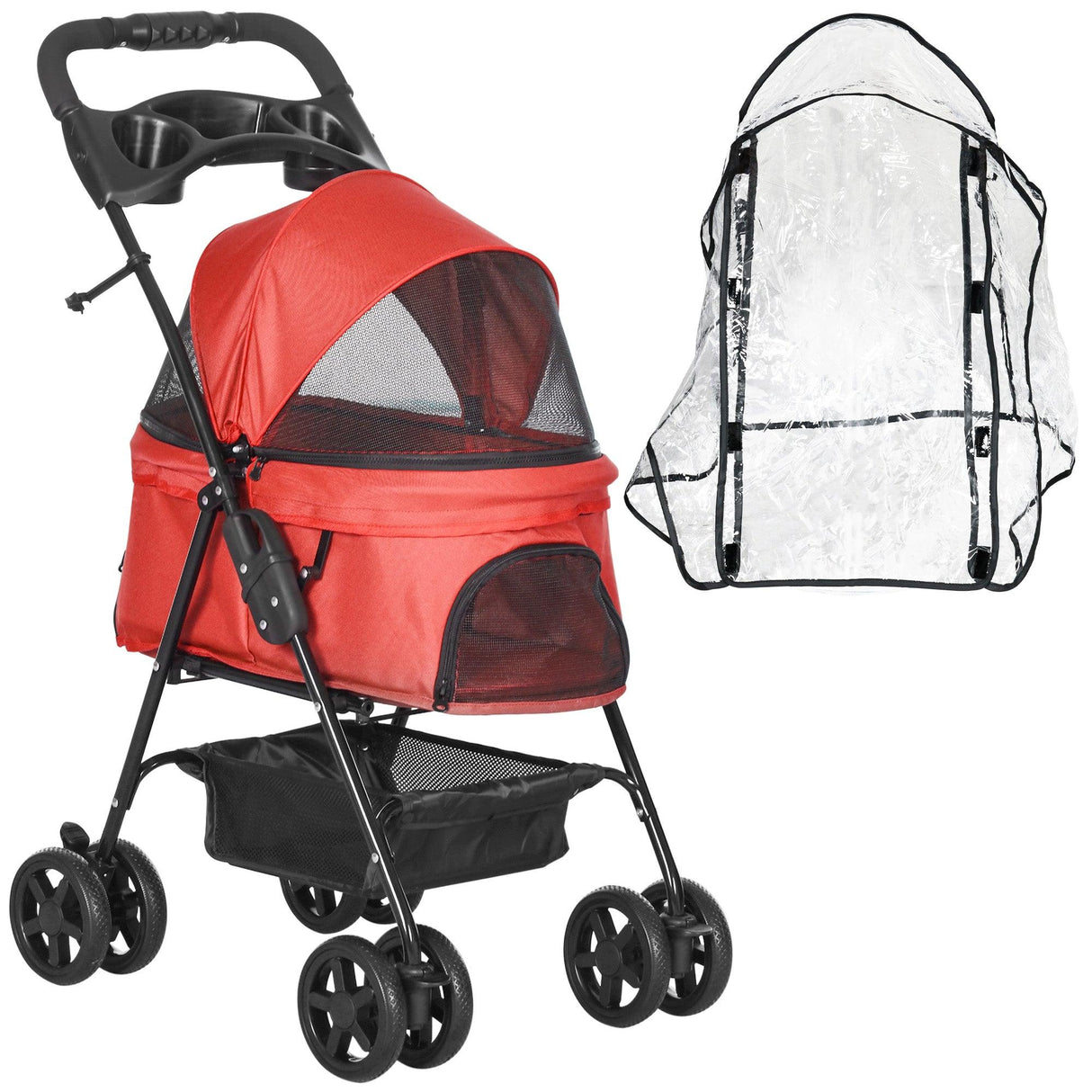 Cat Stroller with Rain Cover and EVA Wheels - Red - Cat Carriers & Strollers - Purr Wish