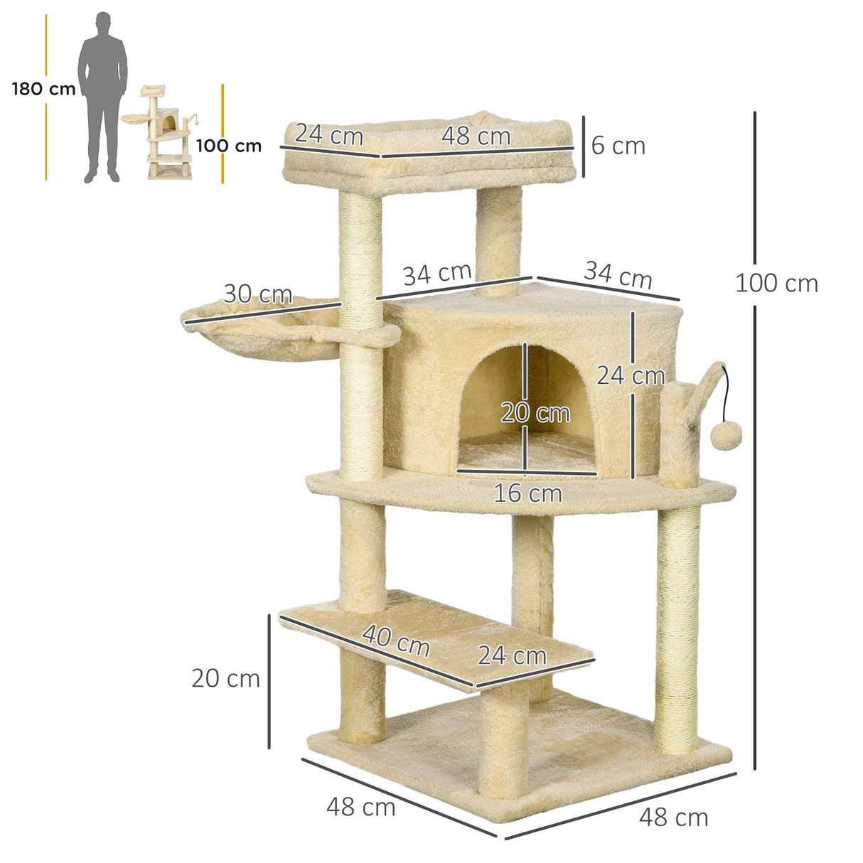 Cat Tree Tower with Sisal Scratching Post, 100cm - Cream White - Cat Trees - Purr Wish