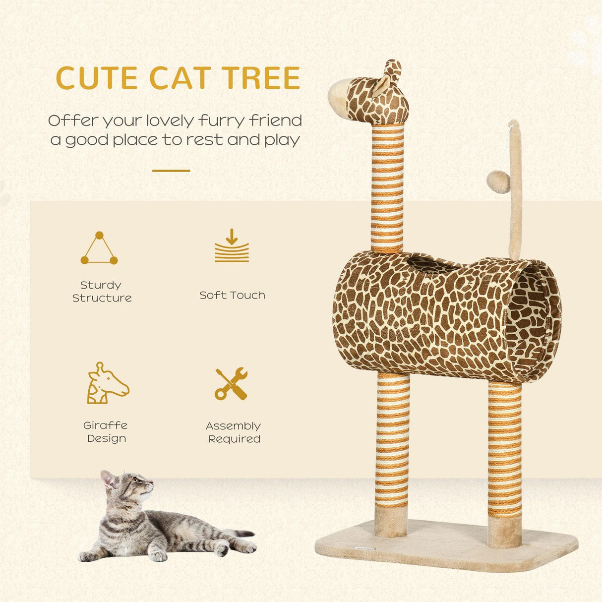 Cute Giraffe Cat Play Tower with Tunnel, 101cm - Beige - Cat Trees - Purr Wish