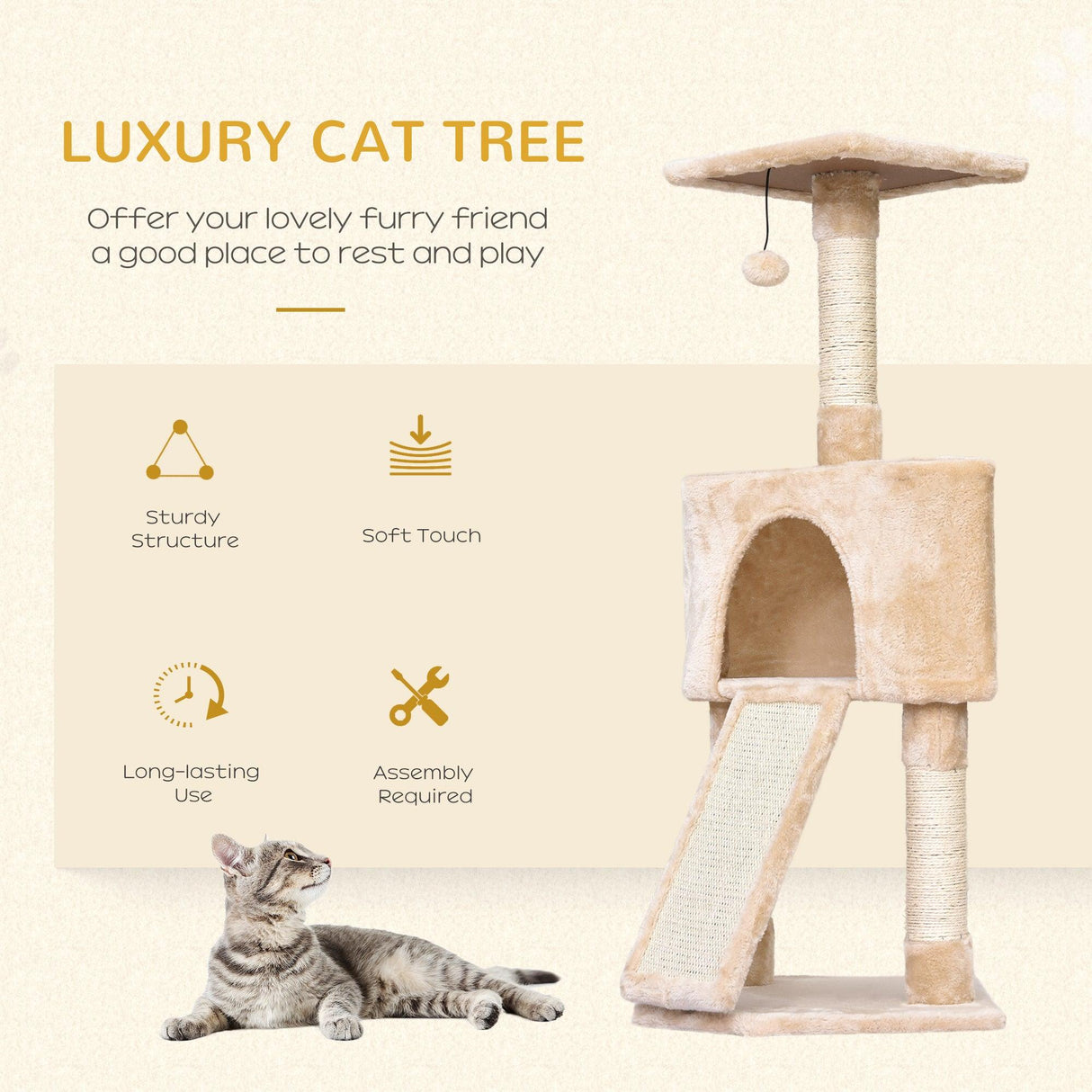 Corner Cat Tower w/ Sisal Rope Scratching Post - Beige - Cat Trees - Purr Wish