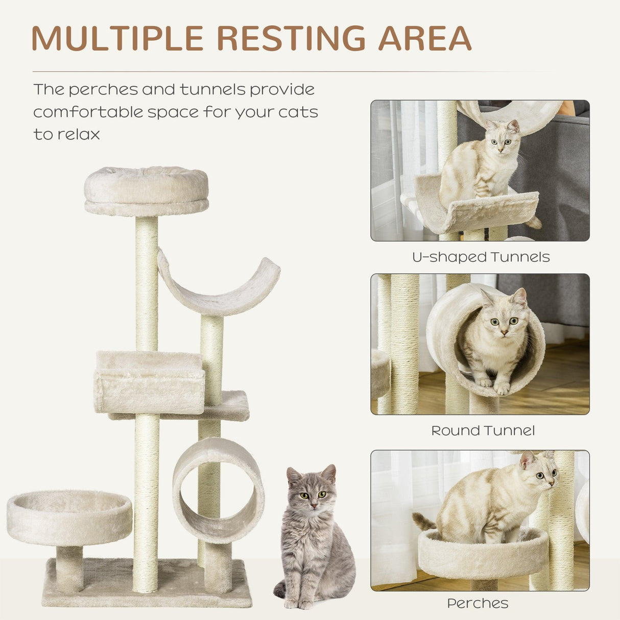Cat Tree with Tunnels & Plush Covering - Beige - Cat Trees - Purr Wish