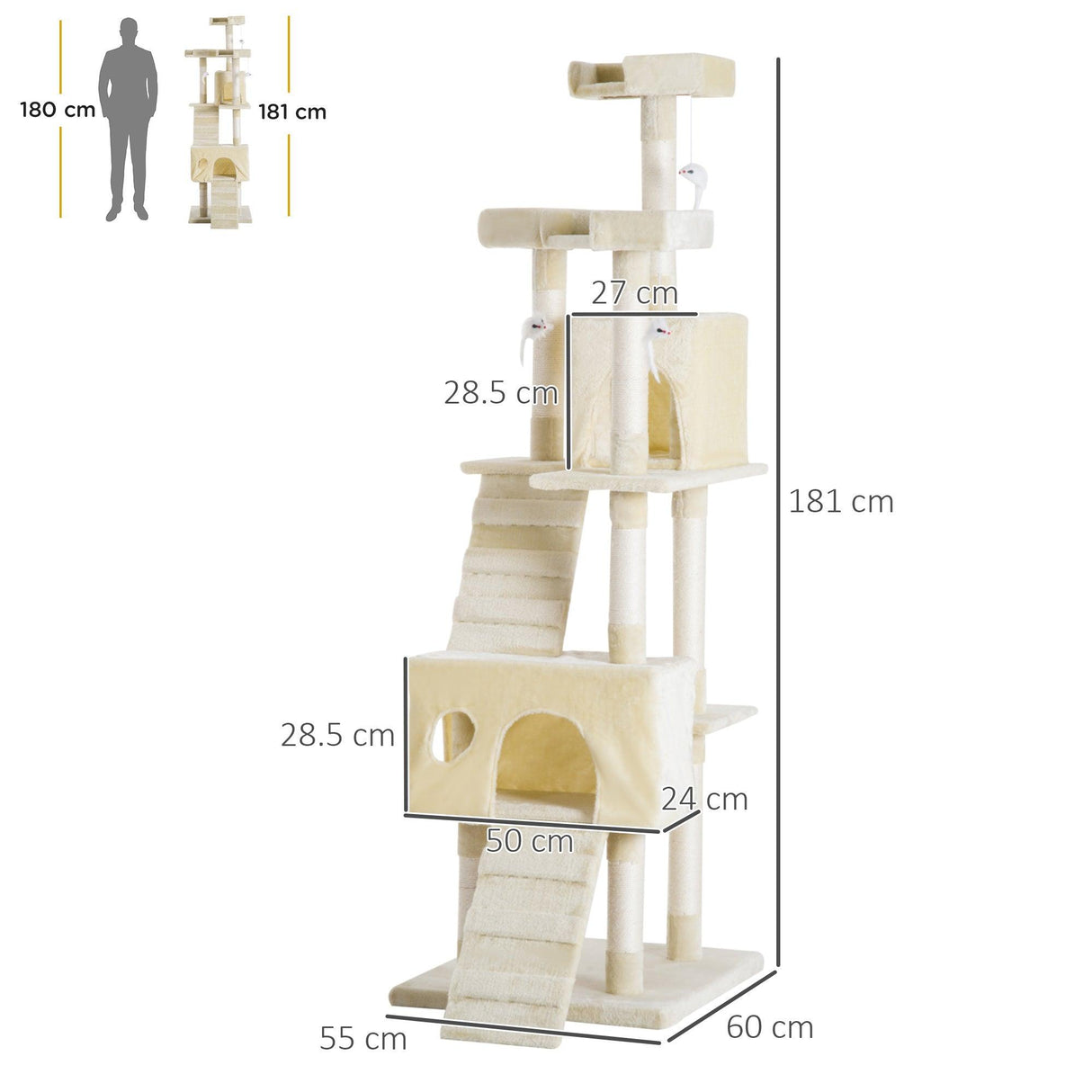 Multi-Level Cat Tower, Scratching Post, Cat Bed, 181cm - Beige - Cat Trees - Purr Wish