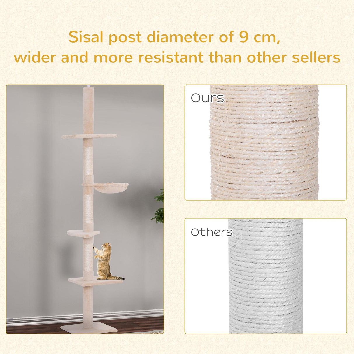 Adjustable Floor to Ceiling Cat Tree, 230-260cm, Beige - Cat Trees - Purr Wish
