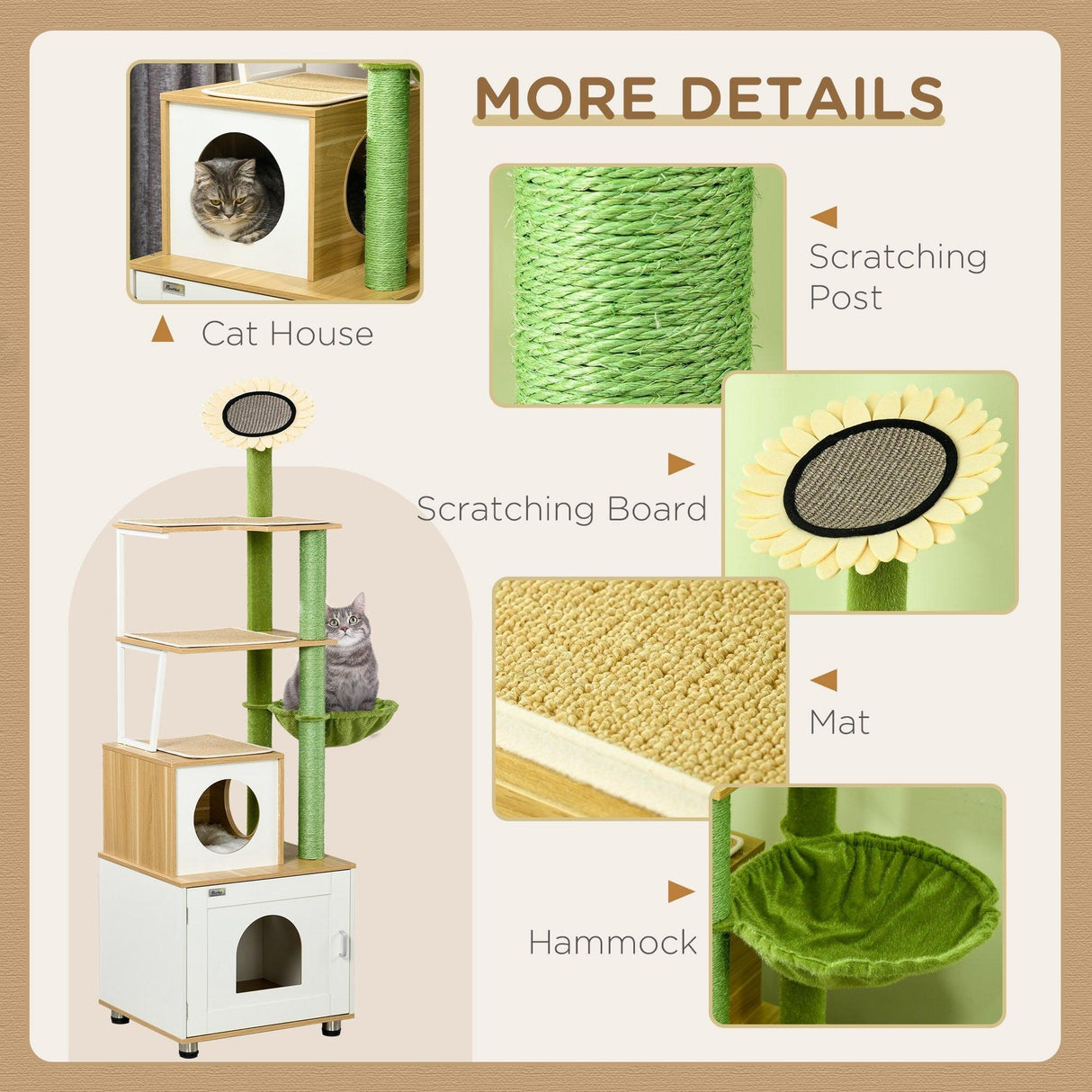 Cat Tree w/ Built-in Litter Box, 176cm - Oak & Green - Cat Trees - Purr Wish
