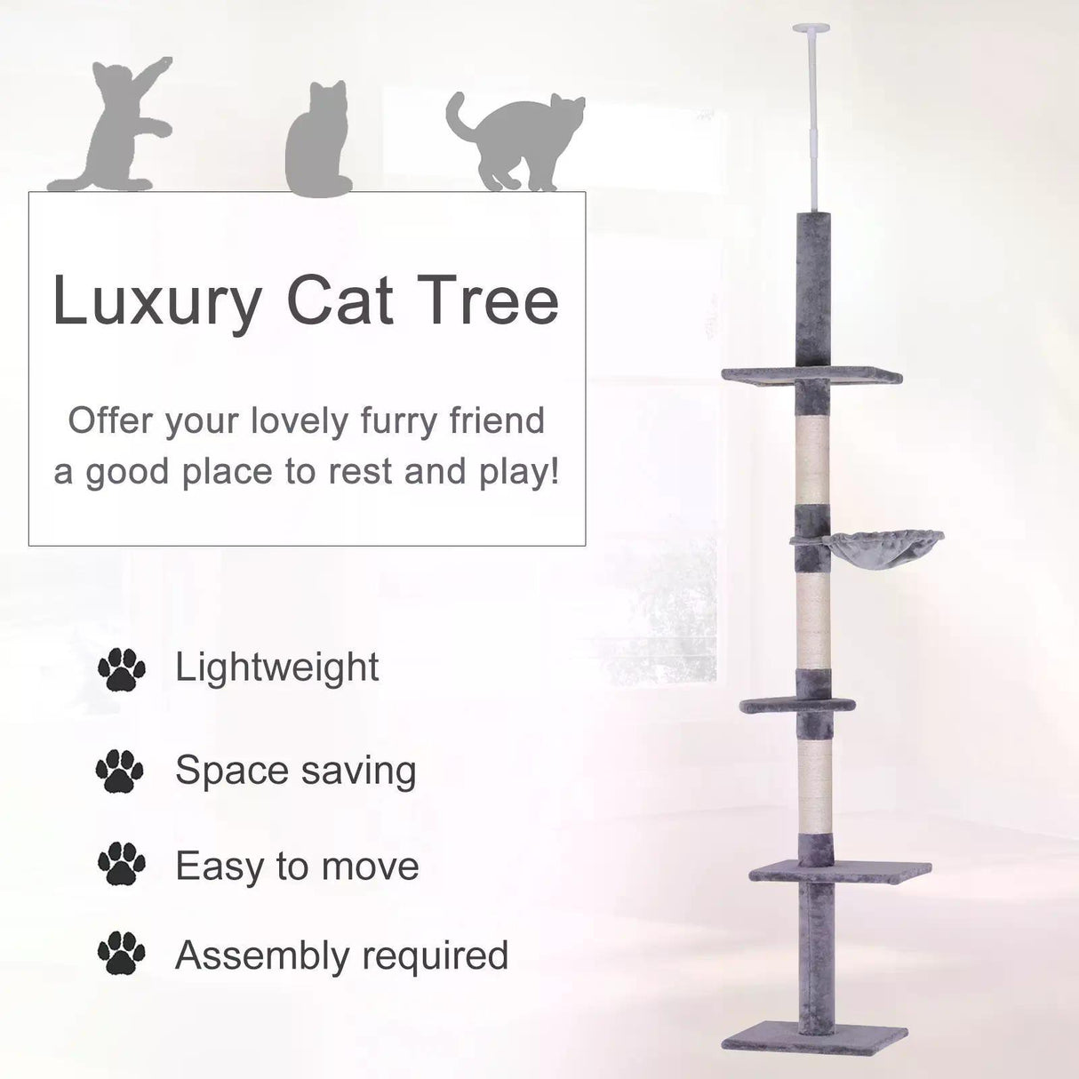 Floor-to-Ceiling Scratcher w/ Plush Platforms, 230-260cm - Grey - Cat Trees - Purr Wish