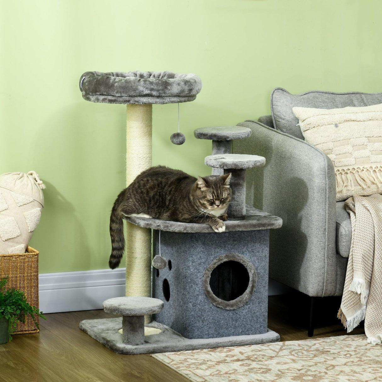 Cat Tower with Scratching Posts, Bed, House, 92cm - Grey - Cat Trees - Purr Wish