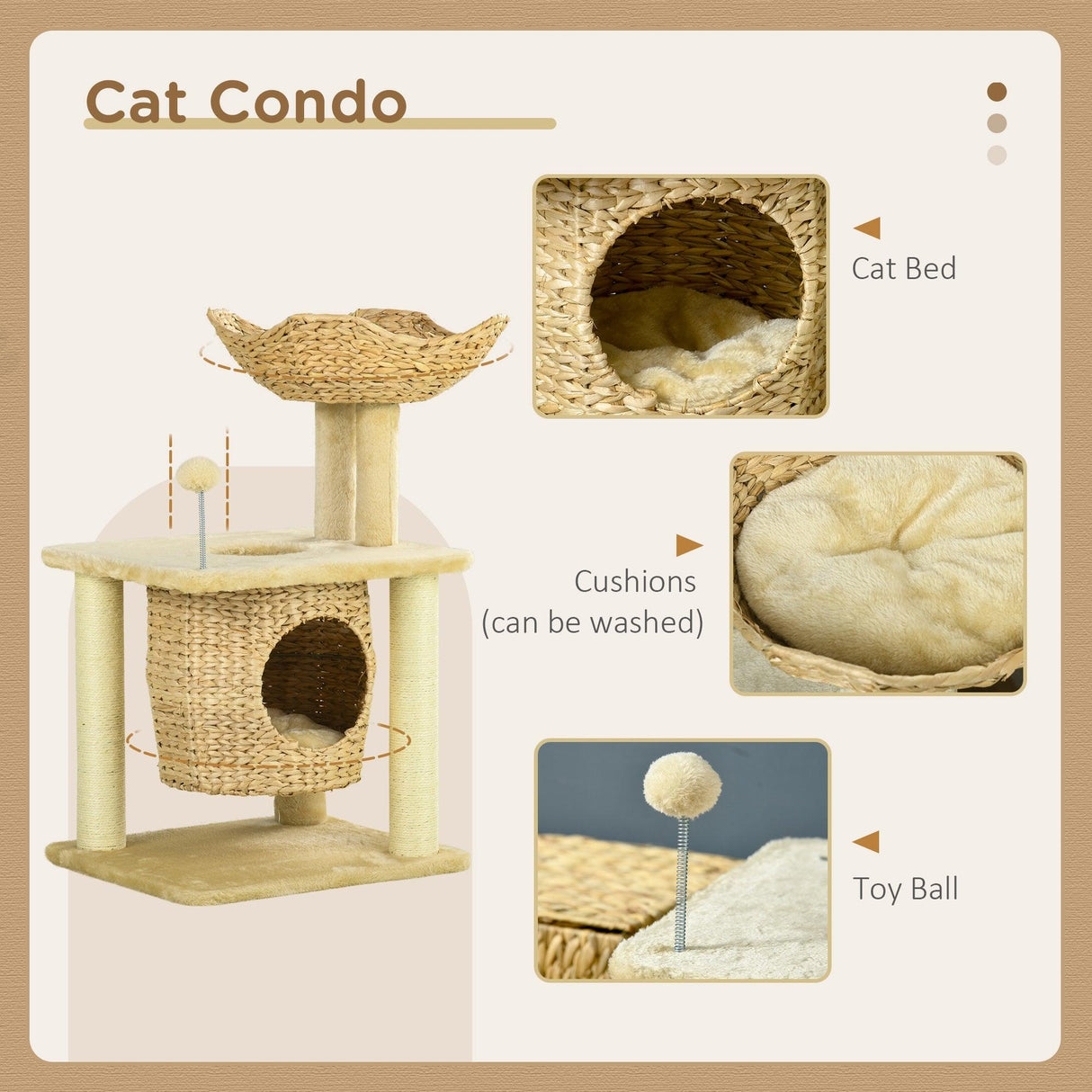 Weaved Cat Tree w/ Scratching Posts, Bed, Toy Ball, 74cm - Beige - Cat Trees - Purr Wish