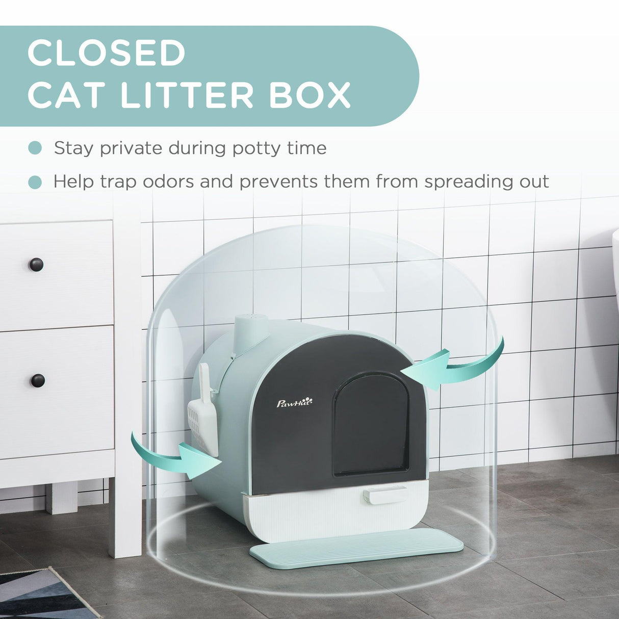 Hooded Cat Litter Box with Lid, Scoop, Flap Door - Green - Cat Litter Trays - Purr Wish