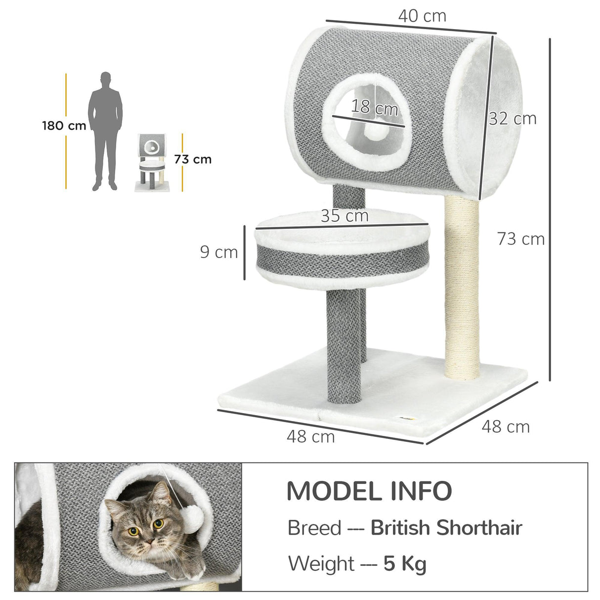 Cat Tree w/ Scratching Posts, Tunnel, Plush Bed, 73cm - Grey & White - Cat Trees - Purr Wish