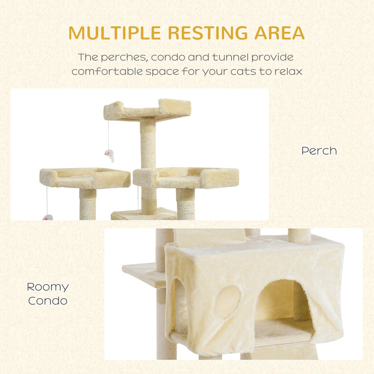Multi-Level Cat Tower, Scratching Post, Cat Bed, 181cm - Beige - Cat Trees - Purr Wish