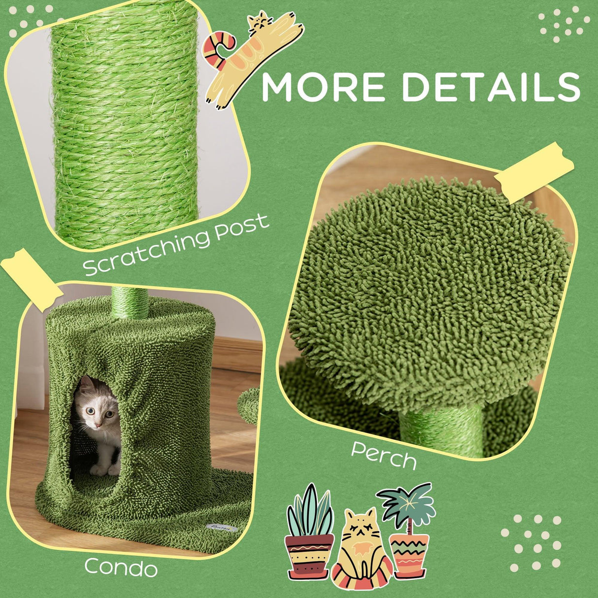 Cactus Cat Tree w/ Scratching Post, Condo, Toy, 78cm - Green - Cat Trees - Purr Wish