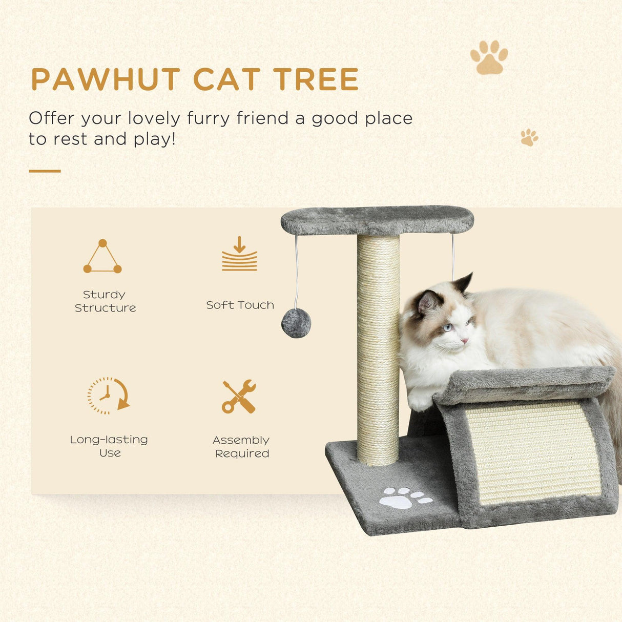 Cat Tower w/ Scratching Post, Perch, Tunnel, Balls, 43cm - Grey - Cat Trees - Purr Wish