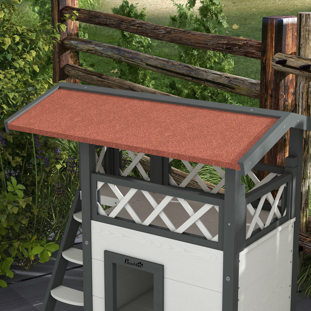 Cat House Outdoor with Balcony, Stairs, Roof - White