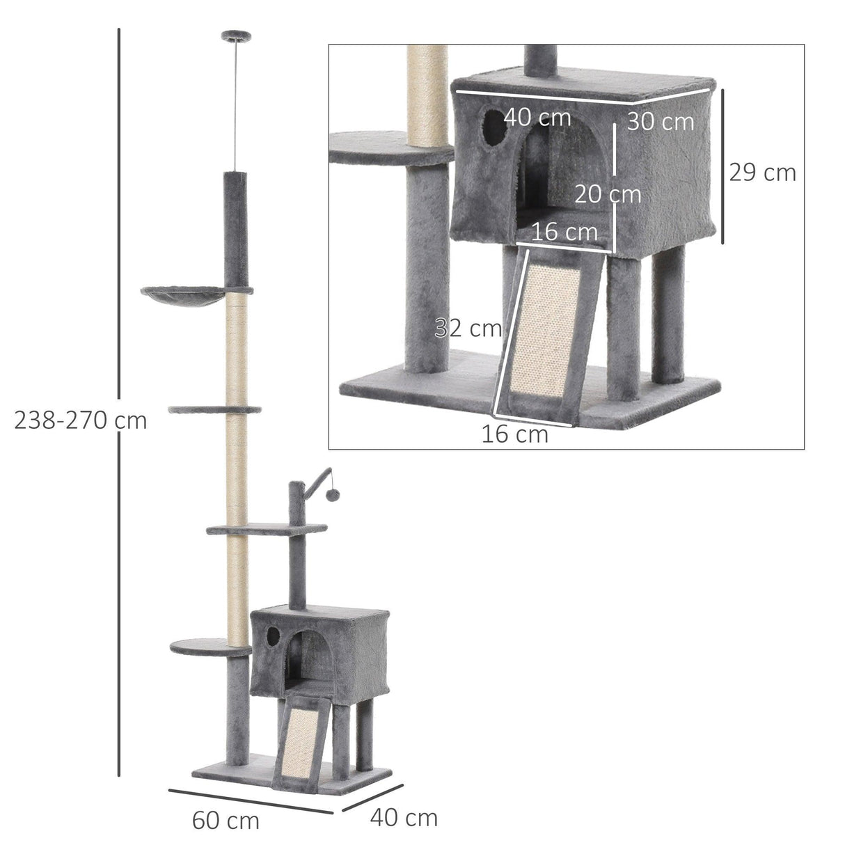 Floor-to-Ceiling Cat Climbing Toy Tower, 230-280cm - Light Grey - Cat Trees - Purr Wish