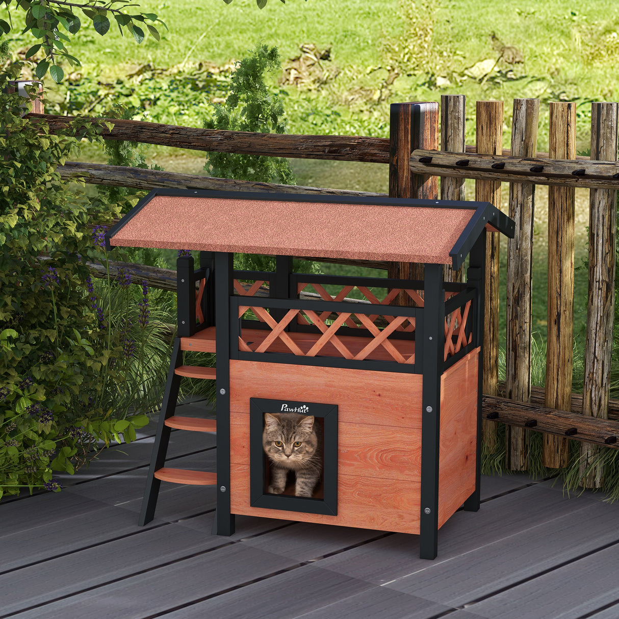 Cat House Outdoor with Balcony, Stairs, Roof - Brown