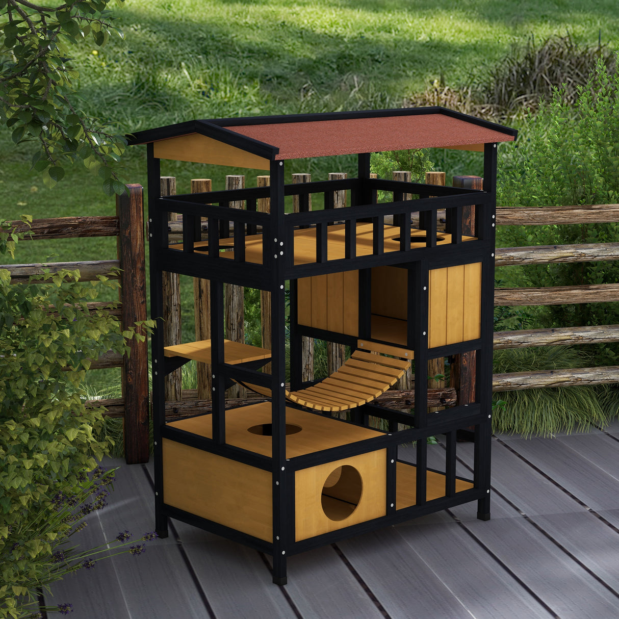 Four-Tier Wooden Outdoor Cat Shelter with Suspension Bridge - Grey