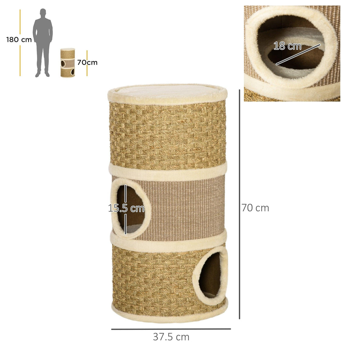 Sisal & Seaweed Rope Cat Scratching Barrel Tower, 70cm - Natural - Cat Trees - Purr Wish