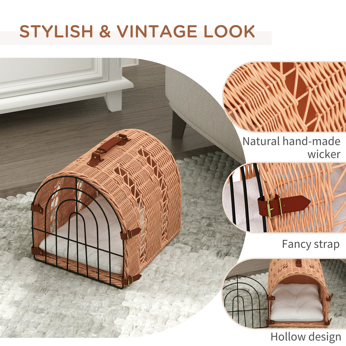 Orange Wicker Cat Carrier Basket Kitten Bed with Soft Cushion, 37 x 28 x 29 cm