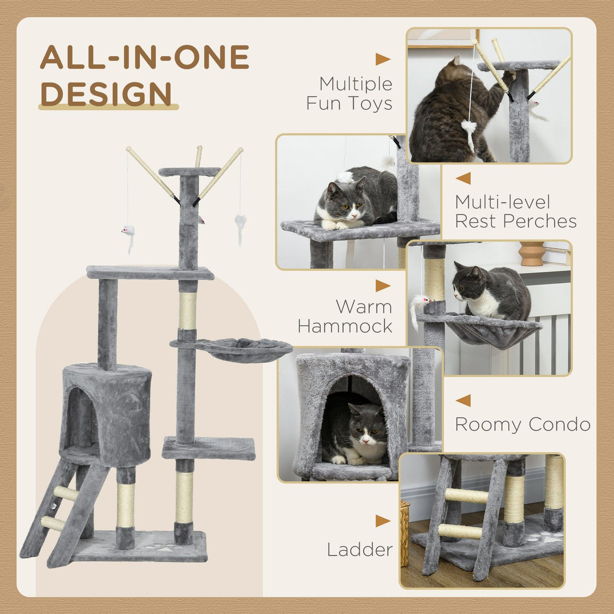 Multi-level Cat Scratching Post Tower with Ladder, 134.2cm - Grey - Cat Trees - Purr Wish