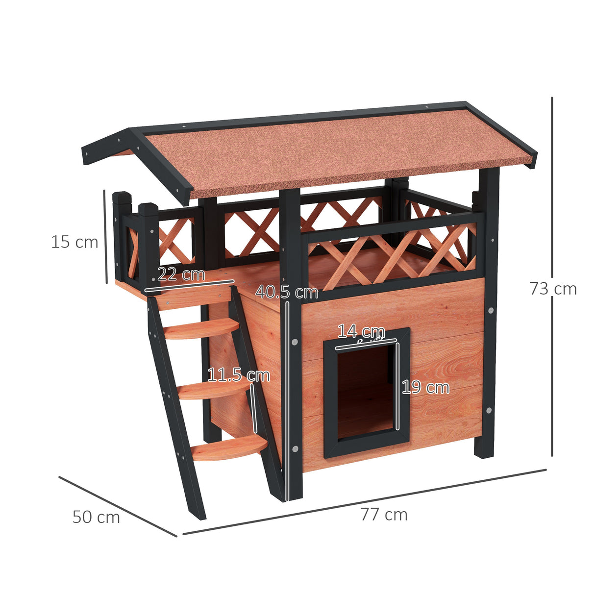 Cat House Outdoor with Balcony, Stairs, Roof - Brown