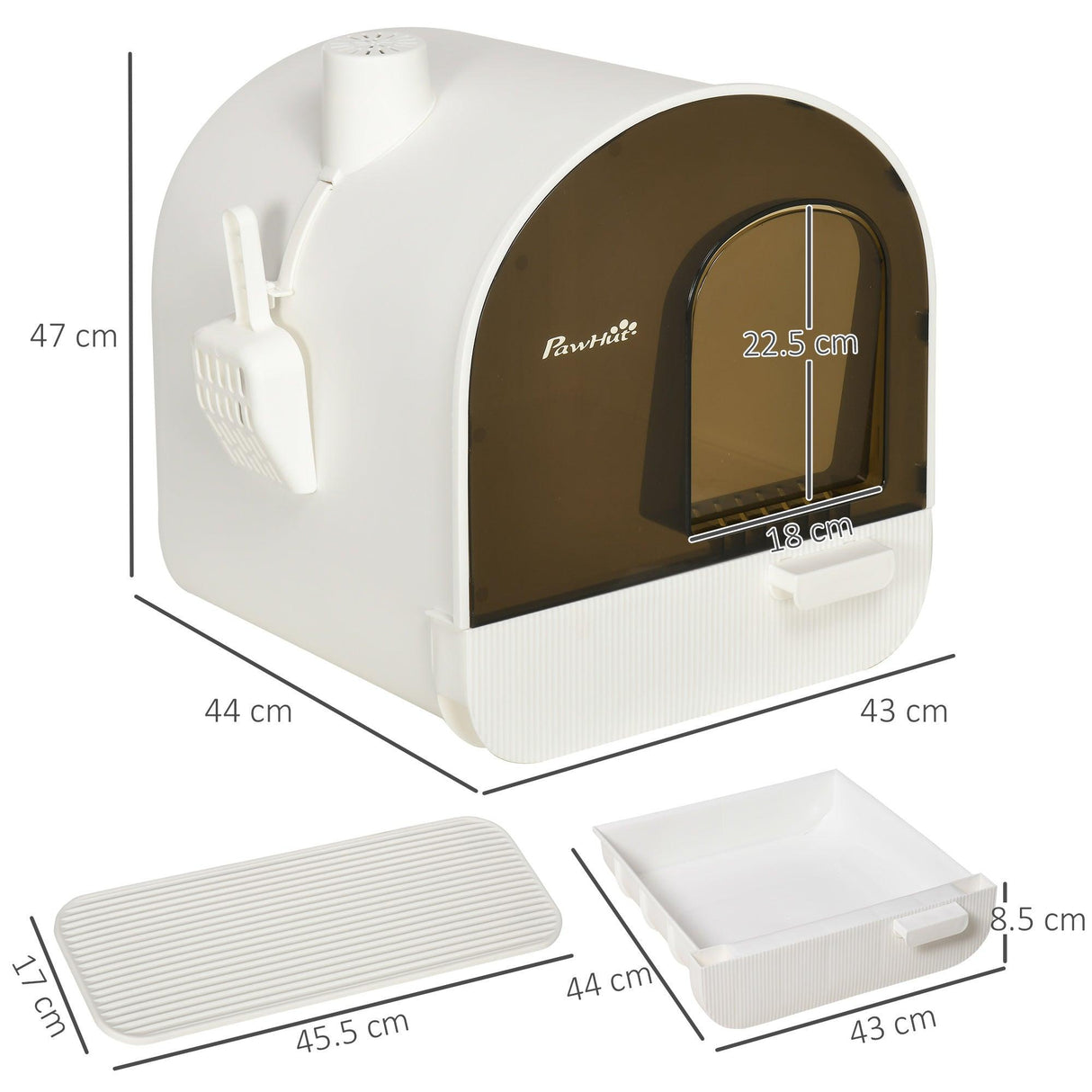 Hooded Cat Litter Box with Lid, Scoop, Flap Door - White - Cat Litter Trays - Purr Wish