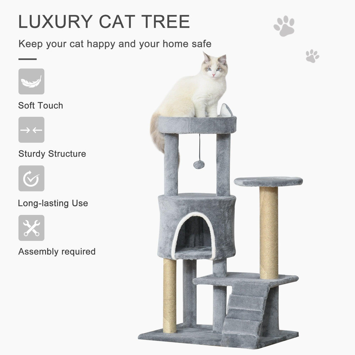 Multi-Platform Cat Tree Condo with Scratching Post, 100cm - Grey - Cat Trees - Purr Wish