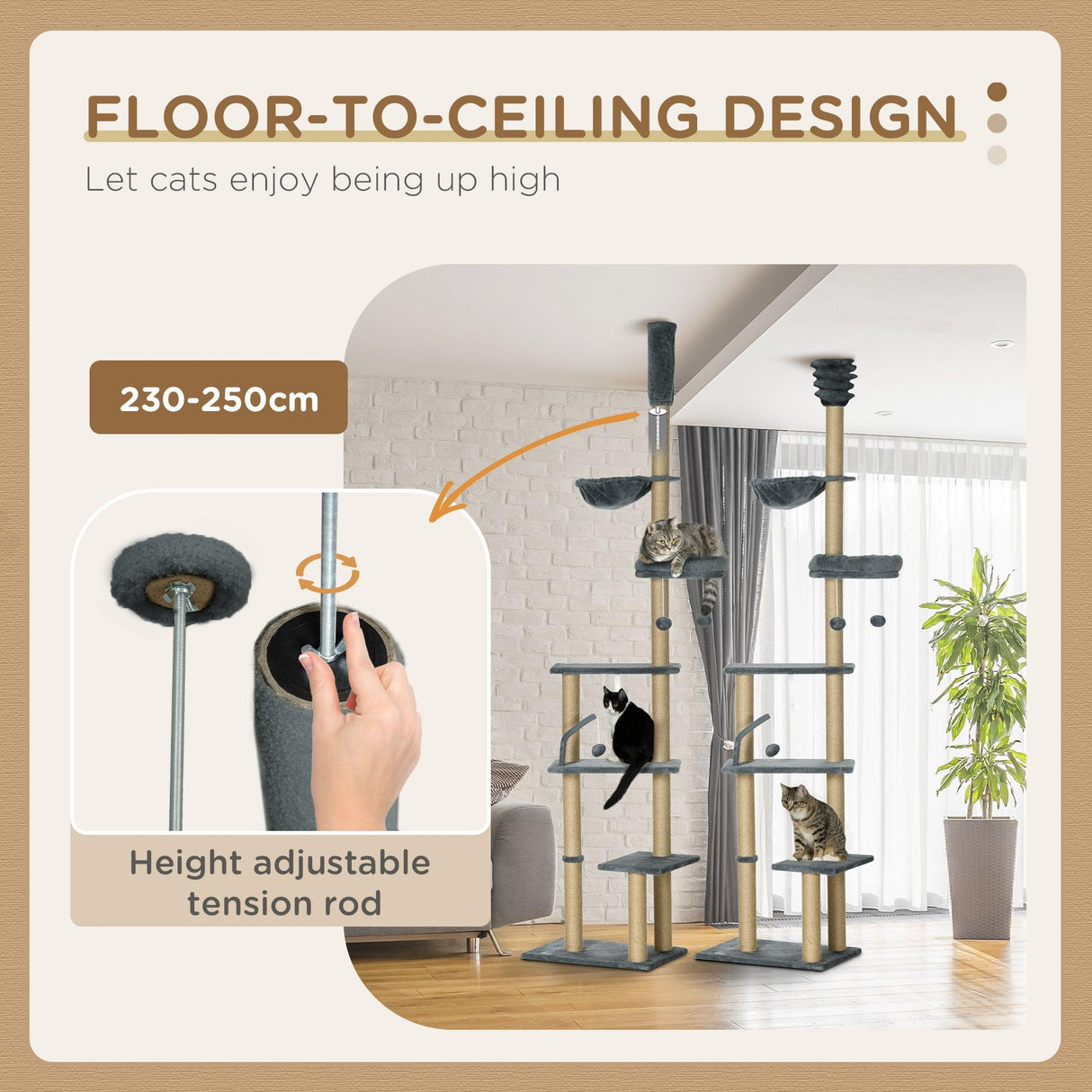 6-Tier Floor to Ceiling Adjustable Cat Tree, 230-250cm - Grey & Beige - Cat Trees - Purr Wish