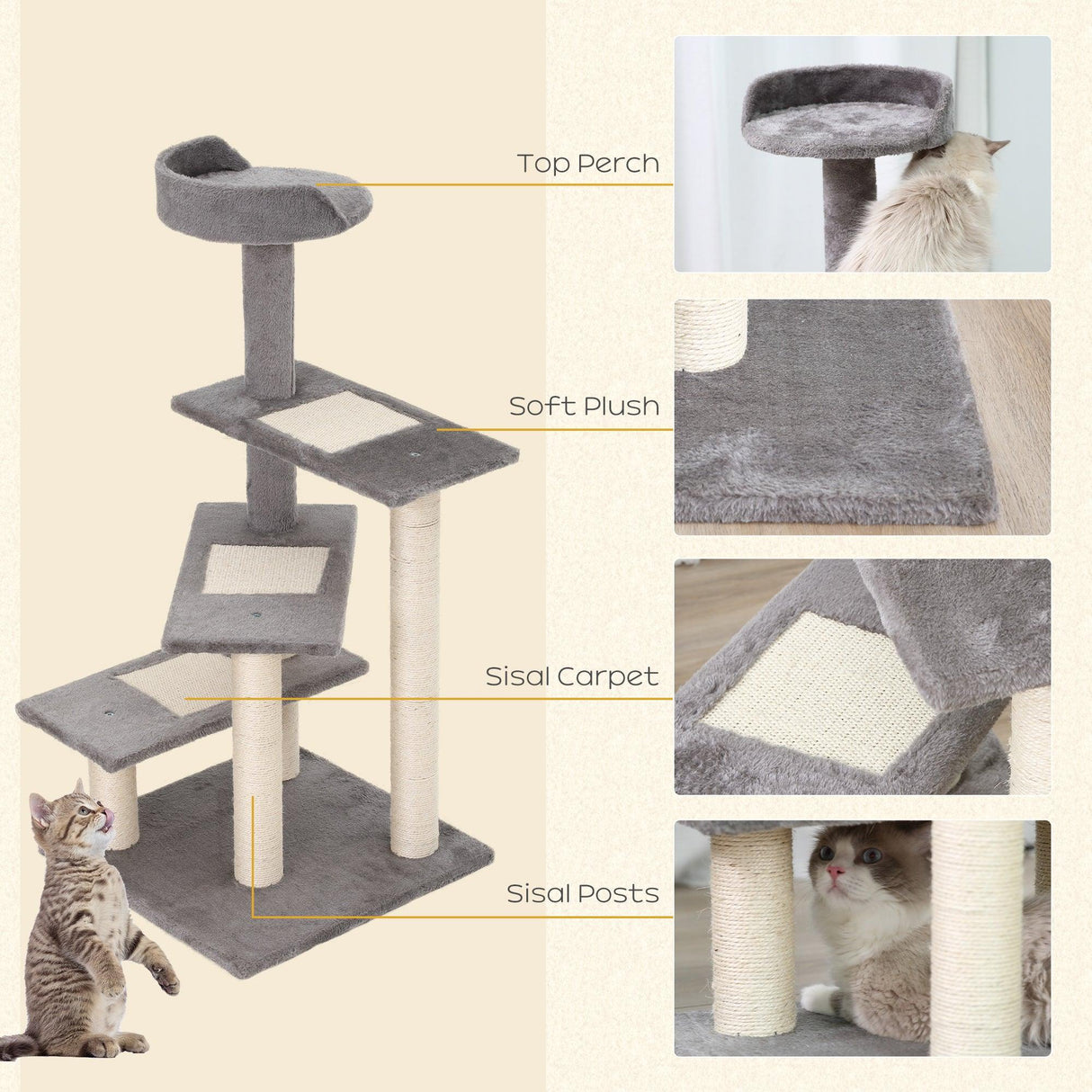 Multi-Level Cat Climbing Tower, 99.5cm - Grey - Cat Trees - Purr Wish