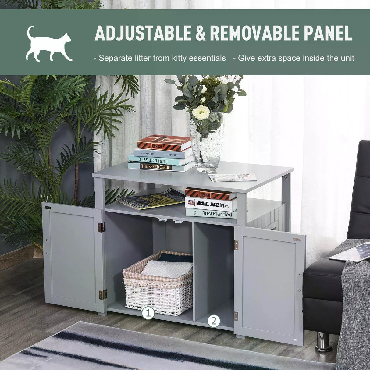 Cat Litter Box Enclosure Nightstand 66H x 76L x 51Wcm - Grey - Cat Litter Trays - Purr Wish