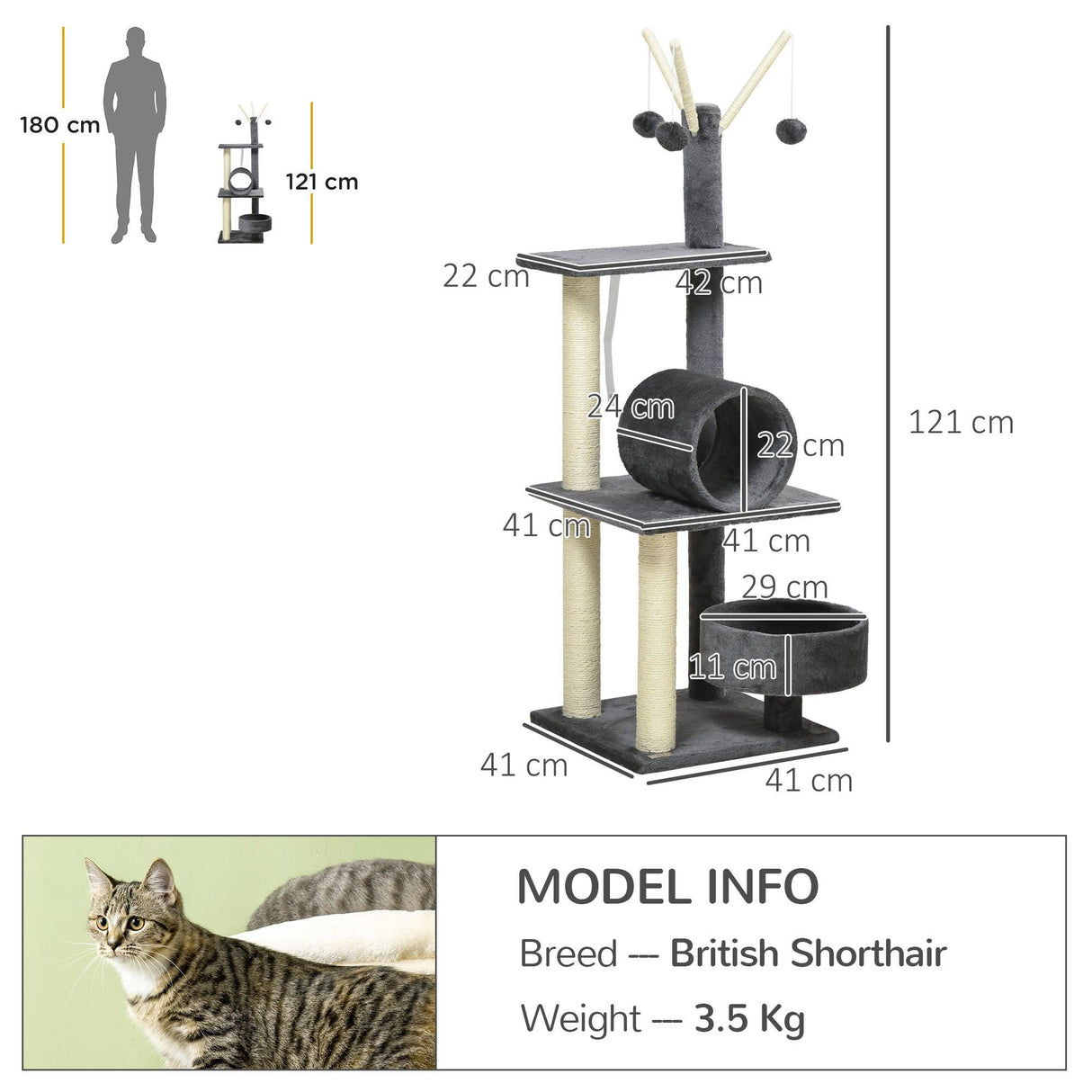 Multifunctional Cat Tree - Bed, Tunnel, Perch, Toy, 121cm - Dark Grey - Cat Trees - Purr Wish
