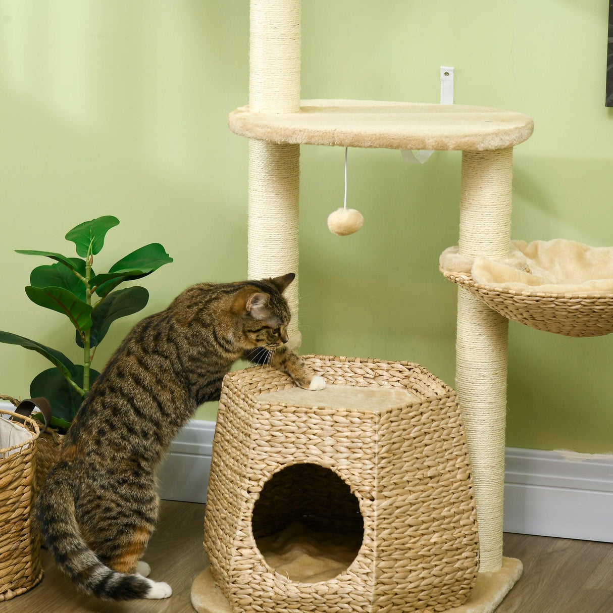 Weaved Cat Tree w/ Sisal Posts & House, 119cm - Natural - Cat Trees - Purr Wish