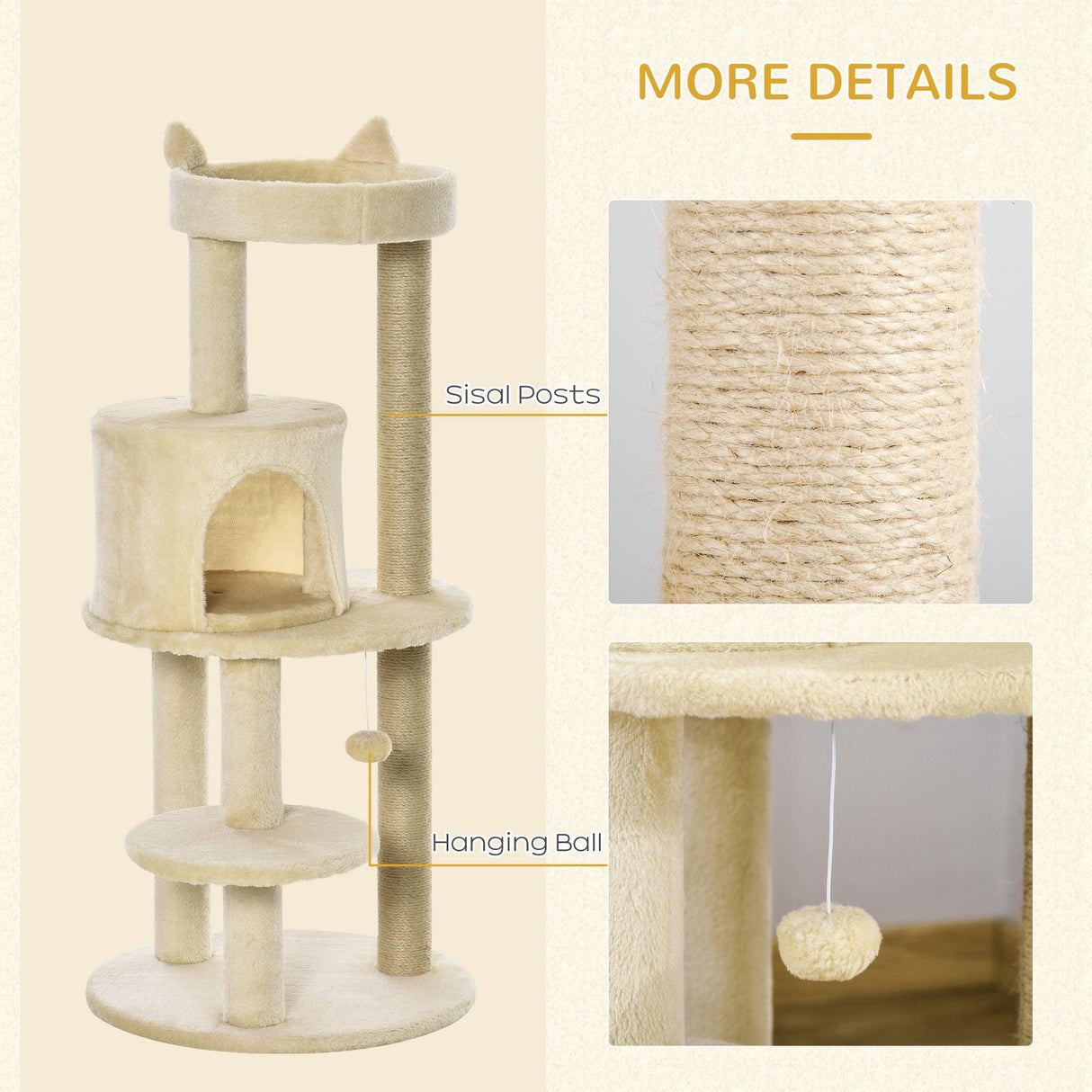Deluxe Cat Tower, Scratching Posts, Condo, Ball Toy, 104cm - Beige - Cat Trees - Purr Wish