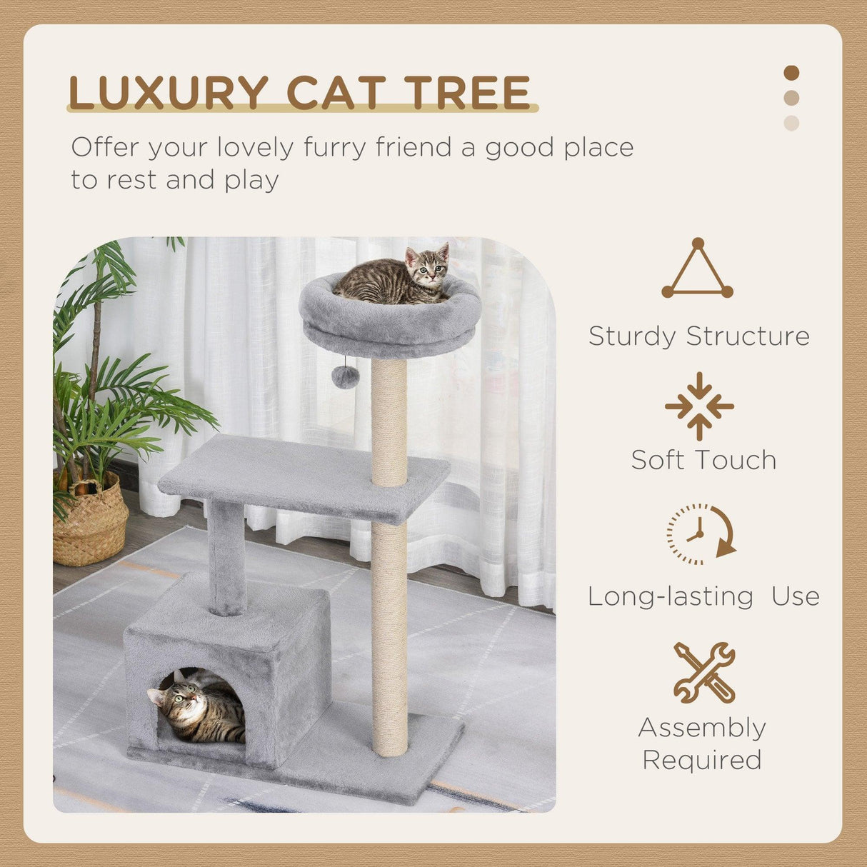 3-Tier Scratching Cat Tree, 96cm - Grey - Cat Trees - Purr Wish