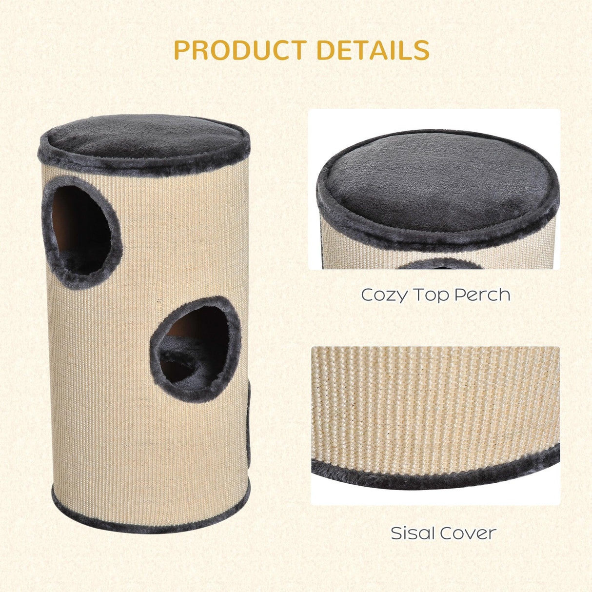 Plush Cat Tree Barrel Scratcher, 70h-cm - Beige/Grey - Cat Trees - Purr Wish