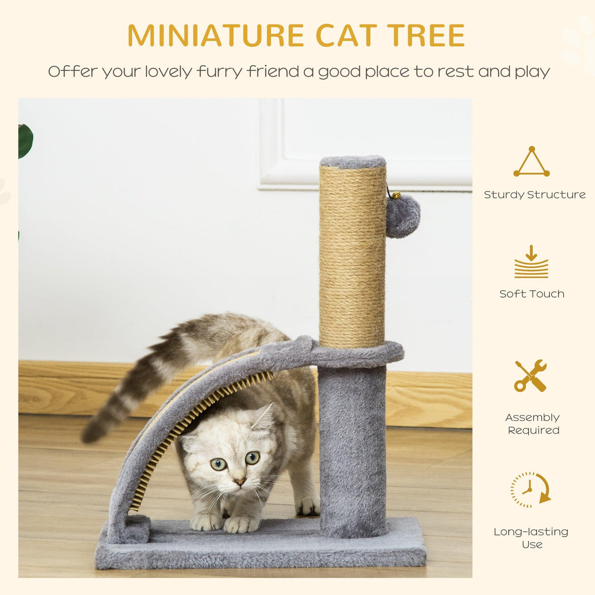 Indoor Cat Tree, Self Grooming, Scratchers, 43cm - Grey - Cat Trees - Purr Wish