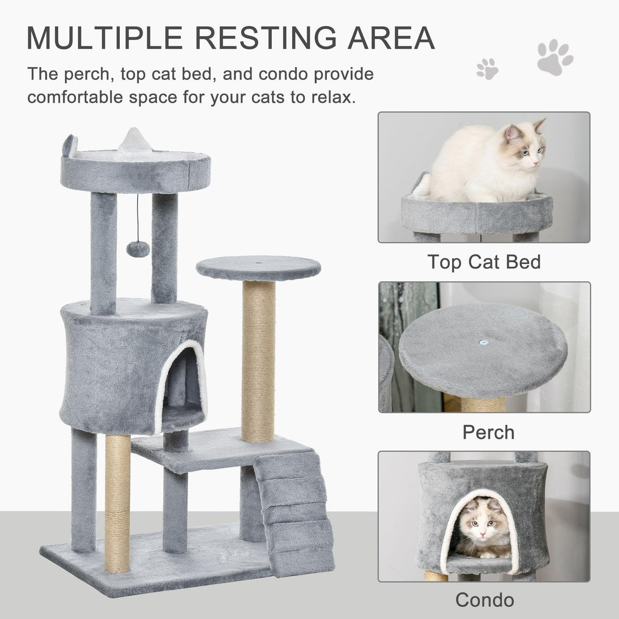 Multi-Platform Cat Tree Condo with Scratching Post, 100cm - Grey - Cat Trees - Purr Wish