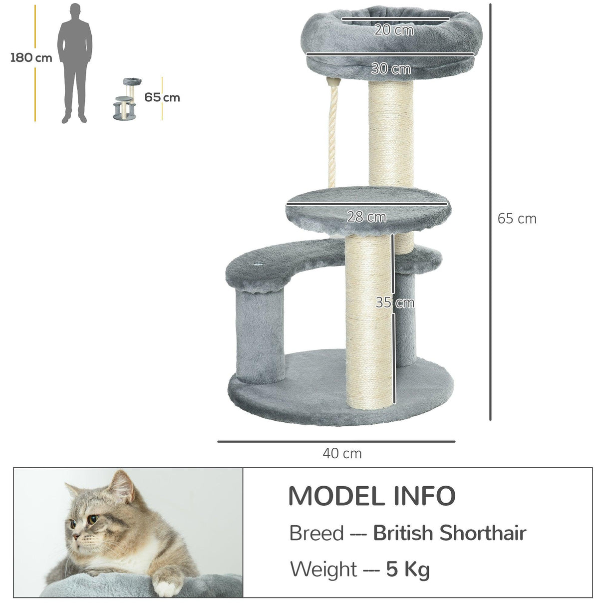 Cat Scratching Post and Playhouse, 65cm - Grey - Cat Trees - Purr Wish