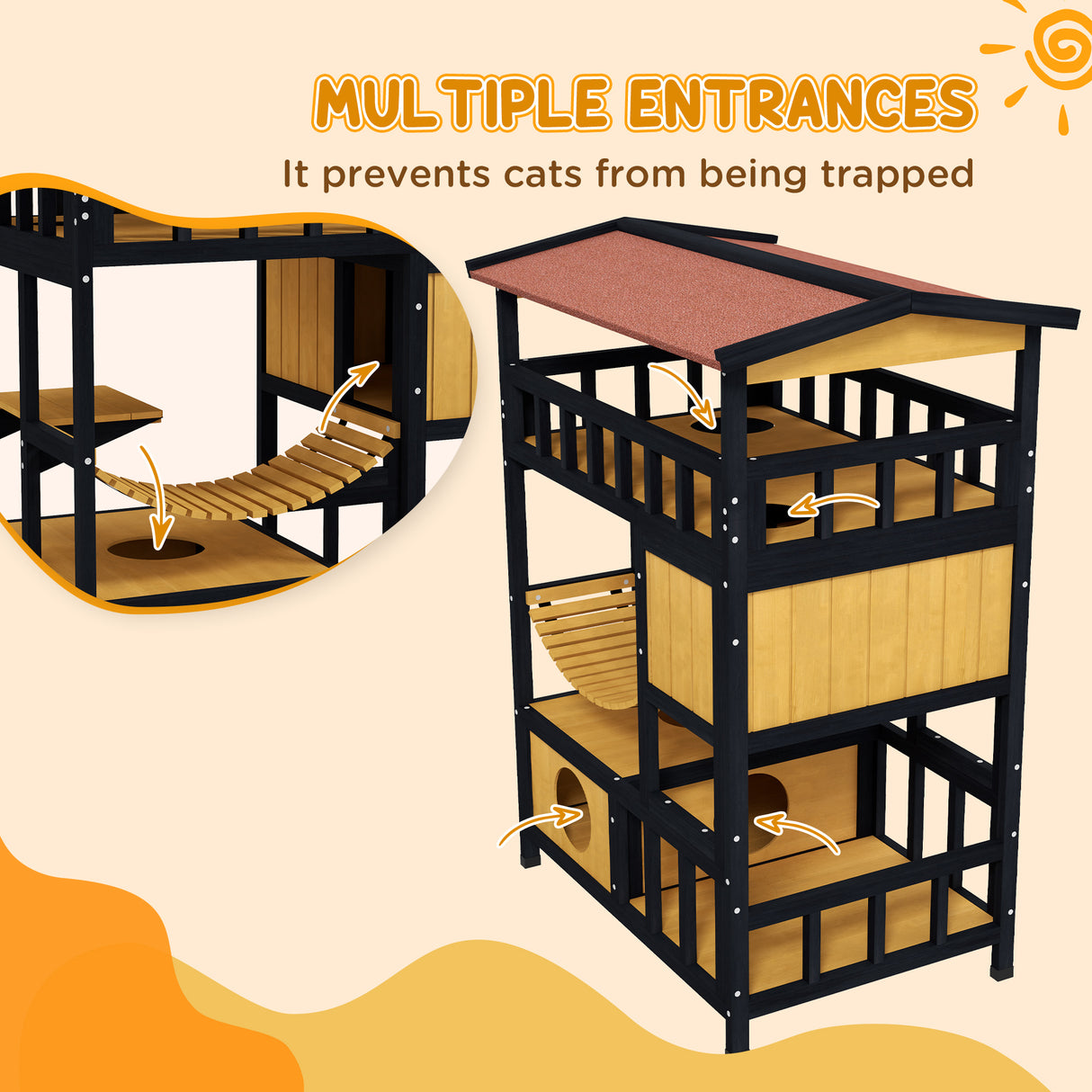 Four-Tier Wooden Outdoor Cat Shelter with Suspension Bridge - Grey