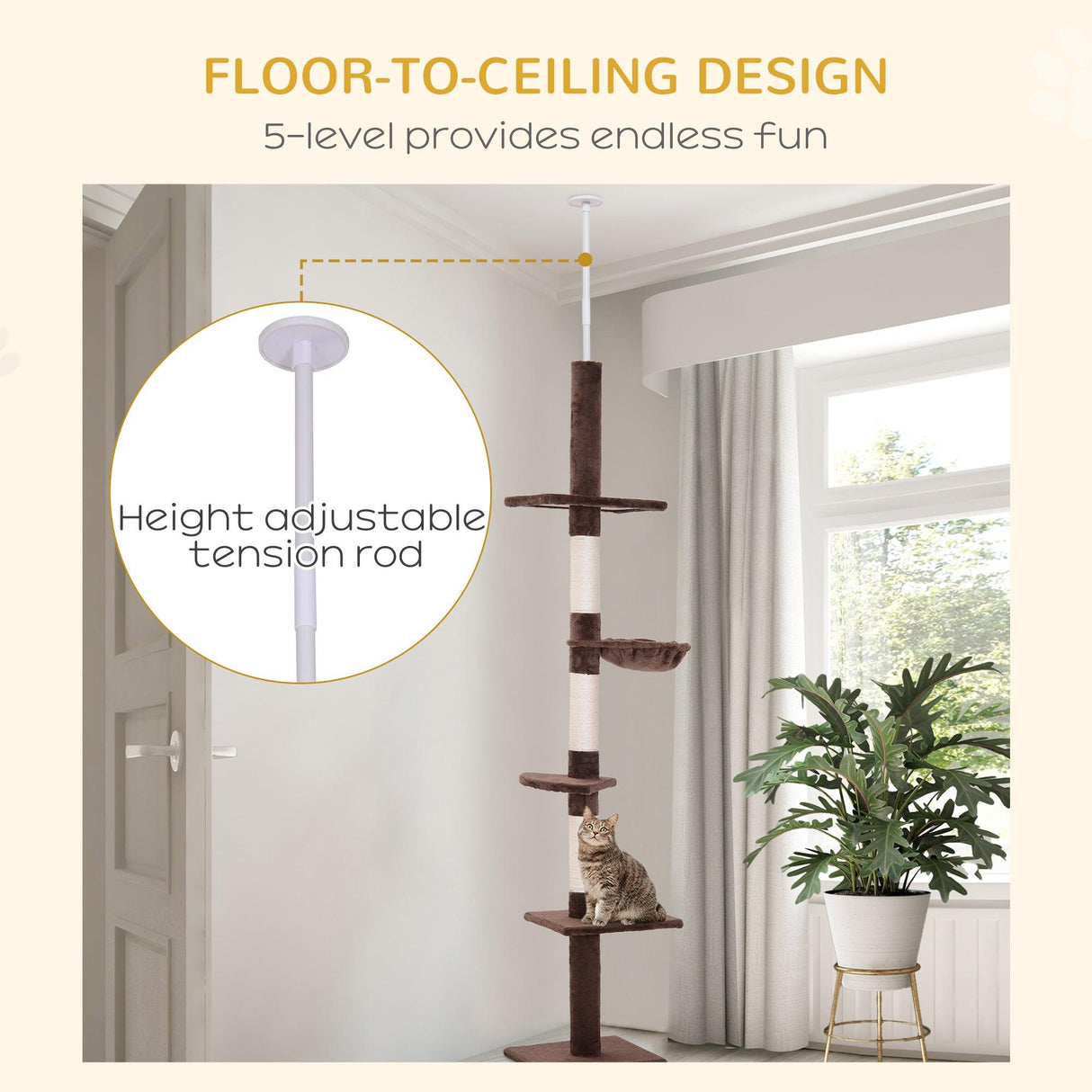5-Tier Floor to Ceiling Cat Tree, Adjustable Height, Brown - Cat Trees - Purr Wish