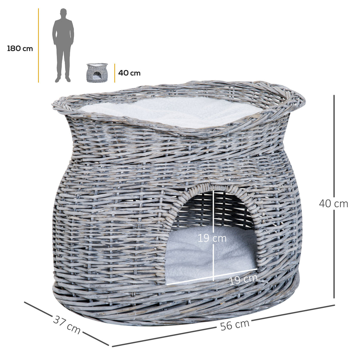 Grey Wicker 2-Tier Cat House with Washable Cushions, 56L x 37W x 40h-cm