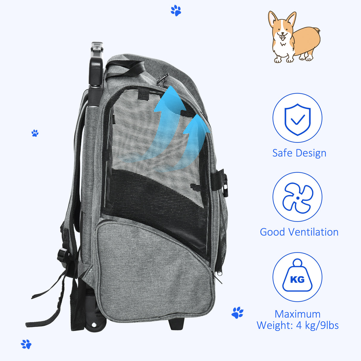 2-In-1 Pet Carrier Backpack with Trolley Portable Travel Bag Grey