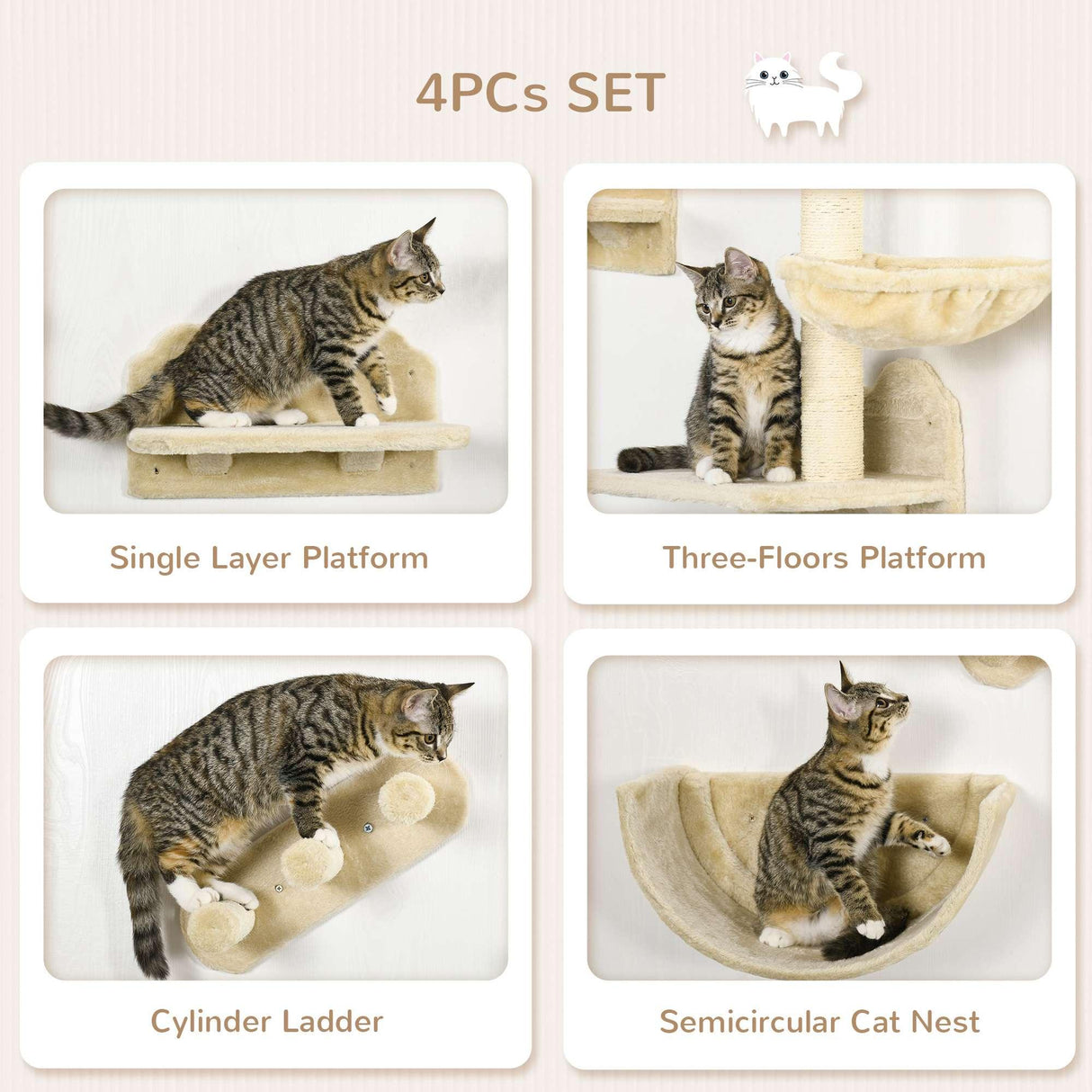 4-Piece Wall-mounted Cat Climbing Shelves Set, Beige - Cat Walls - Purr Wish