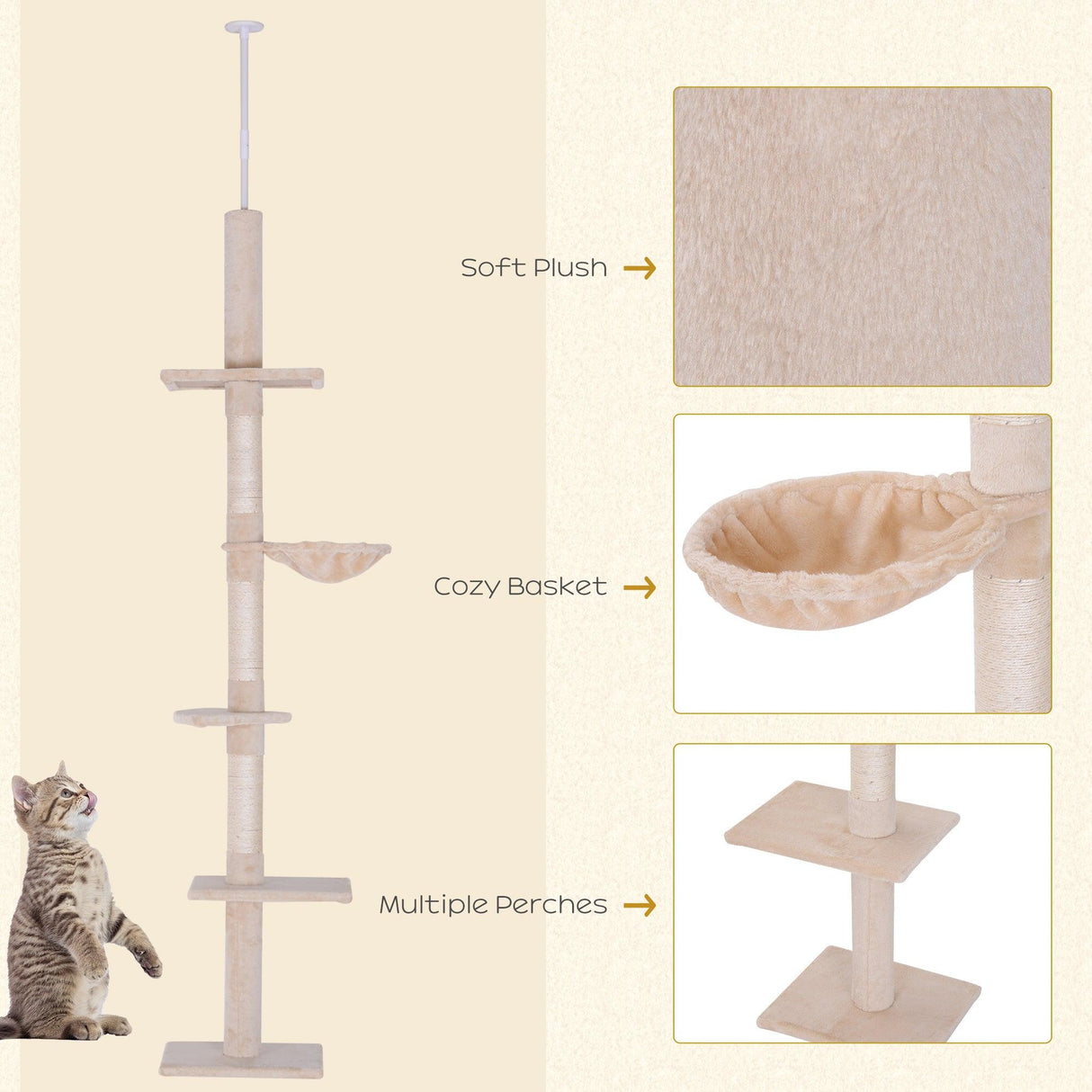 Adjustable Floor to Ceiling Cat Tree, 230-260cm, Beige - Cat Trees - Purr Wish