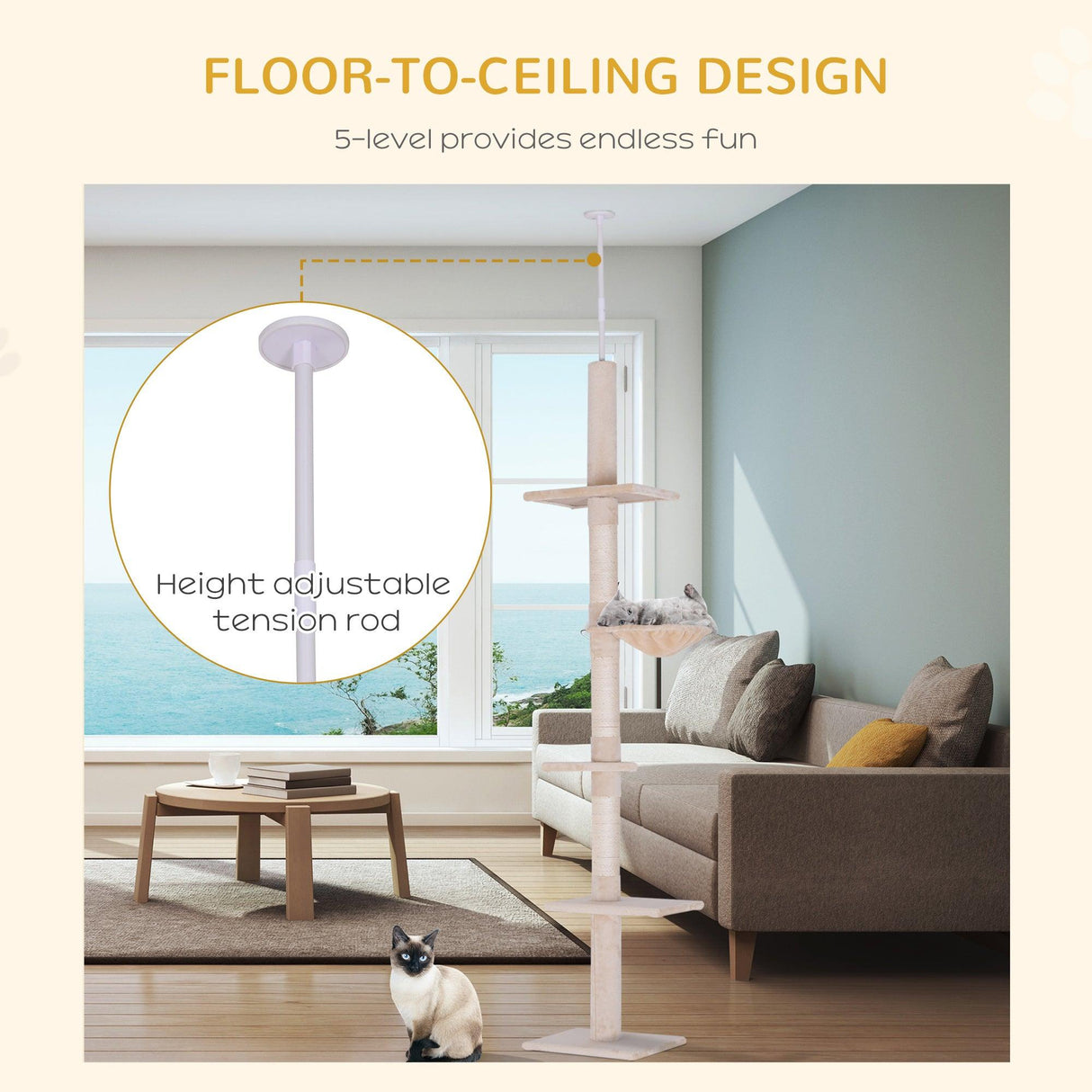 Adjustable Floor to Ceiling Cat Tree, 230-260cm, Beige - Cat Trees - Purr Wish