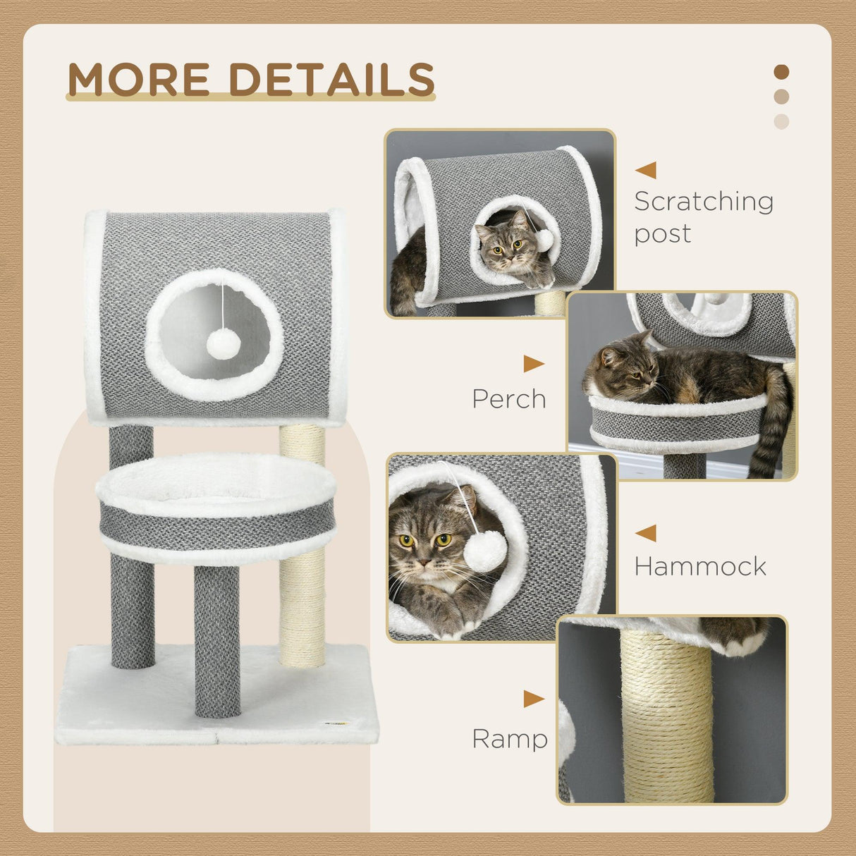 Cat Tree w/ Scratching Posts, Tunnel, Plush Bed, 73cm - Grey & White - Cat Trees - Purr Wish