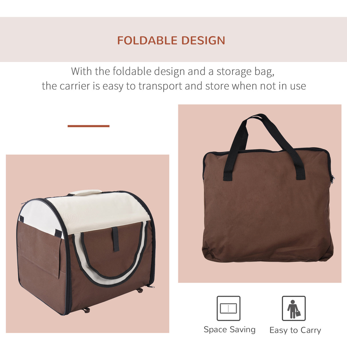 Portable Cat Carrier Folding Bag, Brown 46 x 36 x 41cm