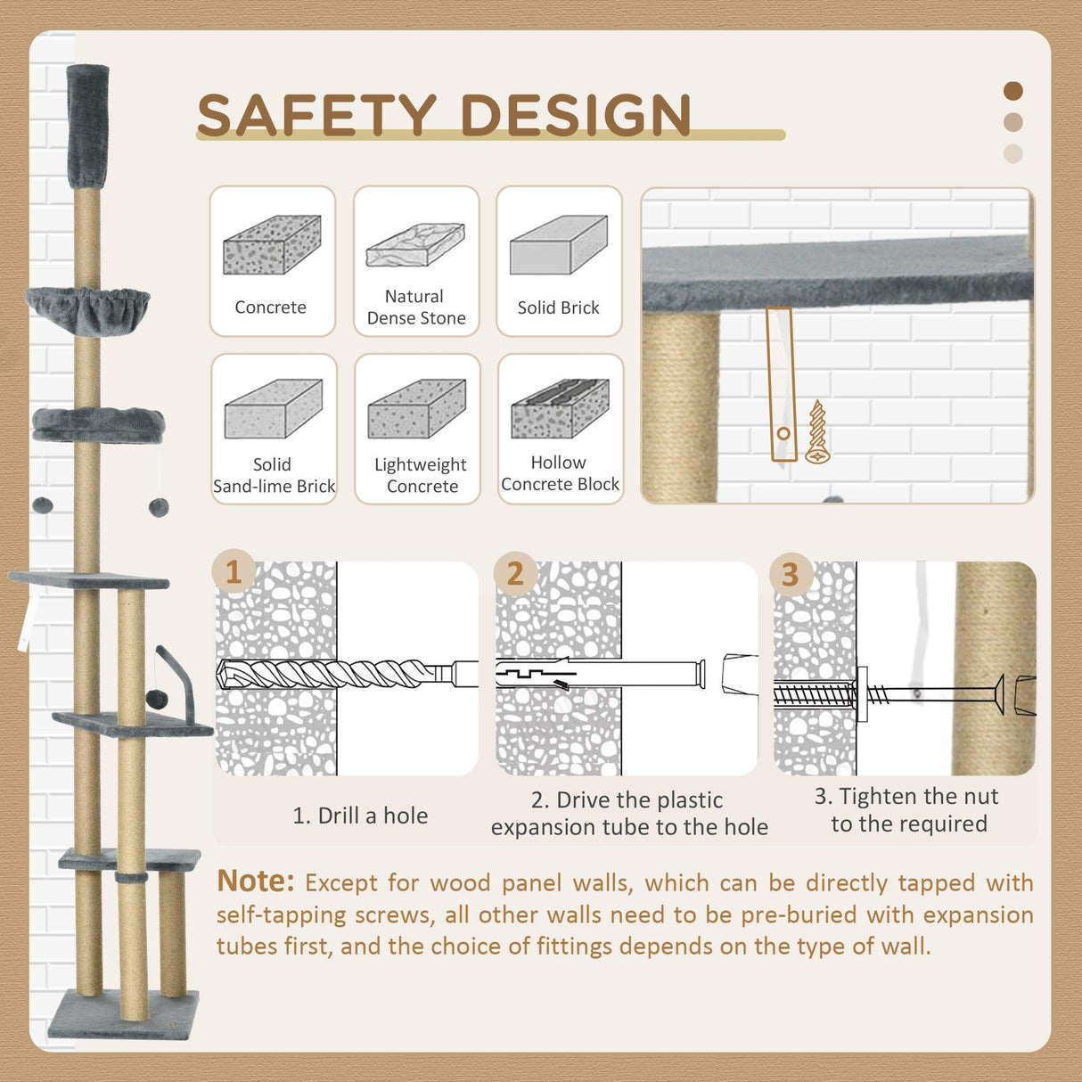 6-Tier Floor to Ceiling Adjustable Cat Tree, 230-250cm - Grey & Beige - Cat Trees - Purr Wish